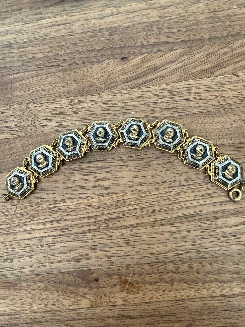 Damascene style knight’s helmet bracelet